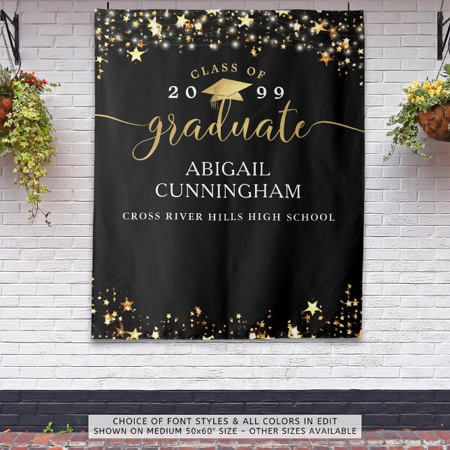 Graduation Black Gold Stars Confetti Lights Script Tapestry (Creator Uploaded)