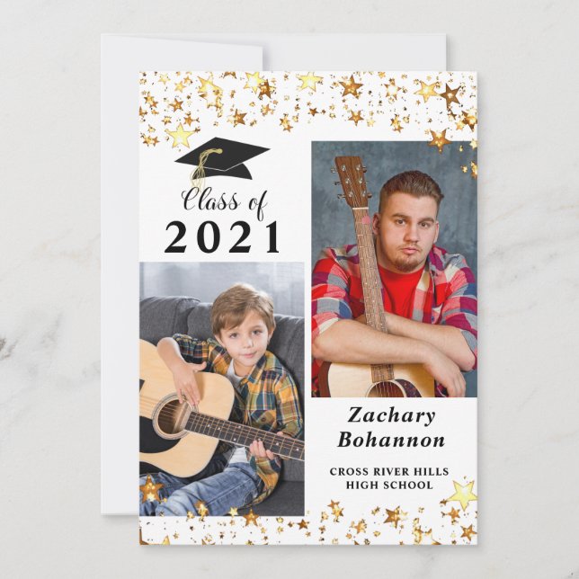 Graduation Black Gold Stars Photo Announcement (Front)