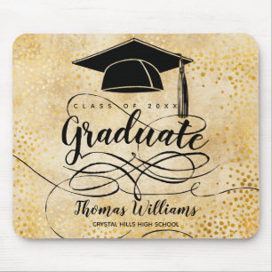 Graduation Black Grad Cap Script Gold Mouse Pad