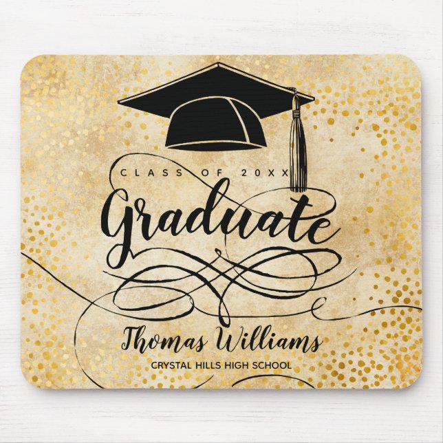 Graduation Black Grad Cap Script Gold Mouse Pad (Front)