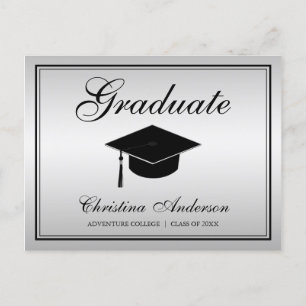 Graduation Black Grad Cap & Script on Silver Party Invitation Postcard