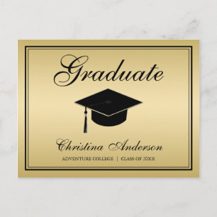 Graduation Black Grad Cap & Script on Silver Party Invitation Postcard