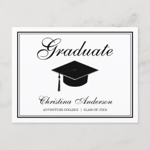 Graduation Black Grad Cap & Script on White Party Invitation Postcard