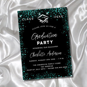 Graduation black green teal glitter script invitation