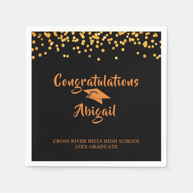 Graduation Black Orange Confetti Brush Script Napkin (Front)