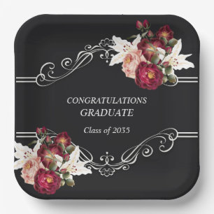 Graduation Black Pretty Red Roses Lilies  Paper Plate