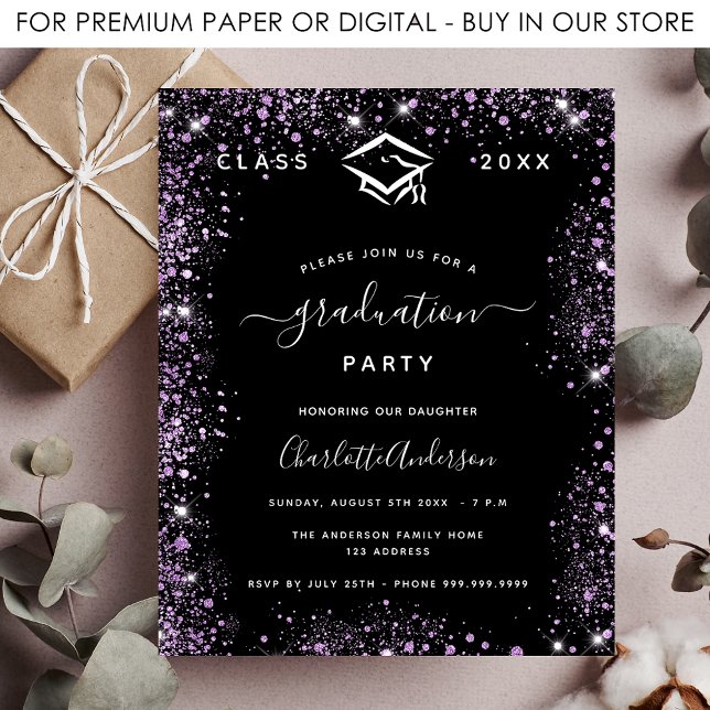 Graduation black purple glitter budget invitation flyer (Creator Uploaded)