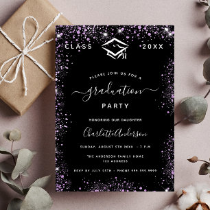 Graduation black purple violet glitter glamourous invitation postcard