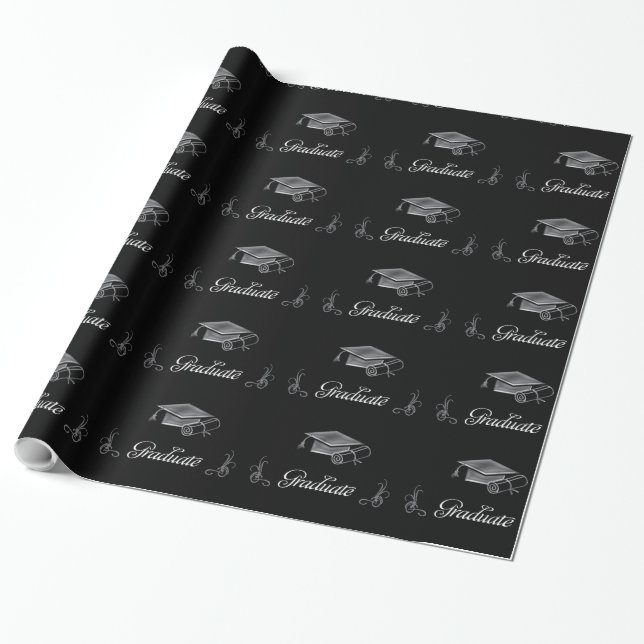 Graduation Black & Silver 3D Look, Cap & Diploma Wrapping Paper (Unrolled)