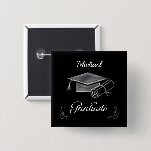 Graduation Black & Silver, Cap & Diploma 2 Inch Square Button (Front & Back)