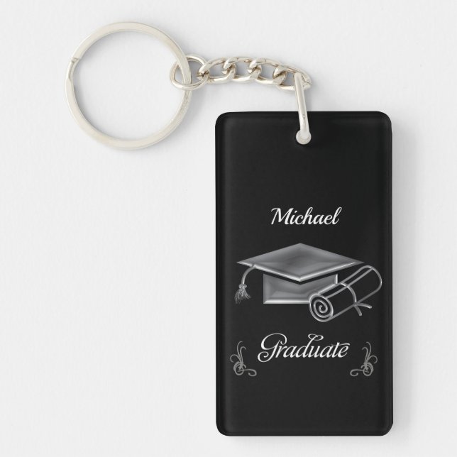 Graduation Black & Silver, Cap & Diploma Keychain (Front)