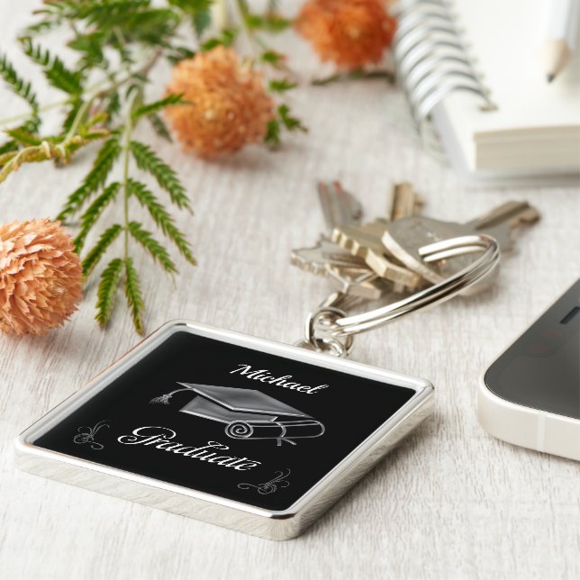 Graduation Black & Silver, Cap & Diploma Keychain (Side)