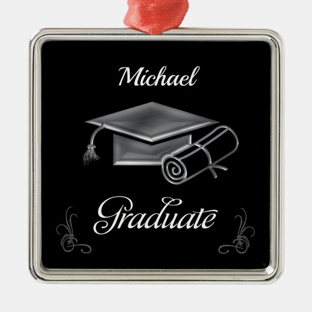 Graduation Black & Silver, Cap & Diploma Metal Ornament (Front)