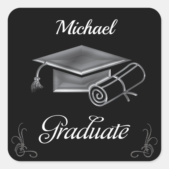 Graduation Black & Silver, Cap & Diploma Square Sticker (Front)