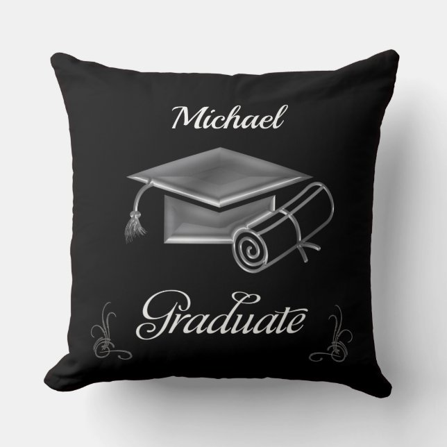 Graduation Black & Silver, Cap & Diploma Throw Pillow (Front)