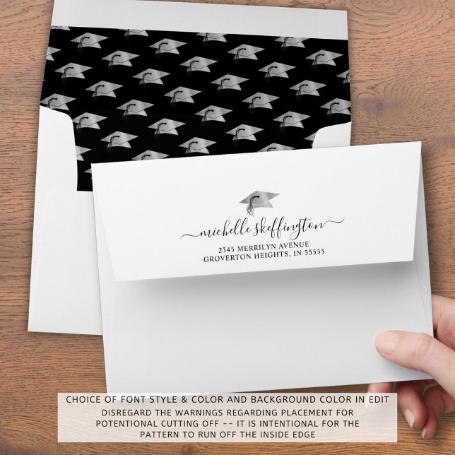 Graduation Black Silver Cap Pattern Return Address Envelope (Creator Uploaded)