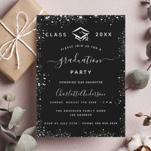 Graduation black silver glitter glamourous invitation