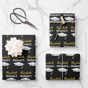 Graduation Black White and Gold Name Mastered It Wrapping Paper Sheet