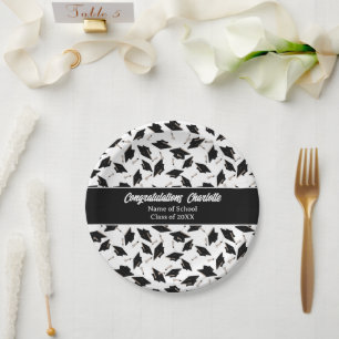 Graduation Black White Caps Party Supplies Paper Plate
