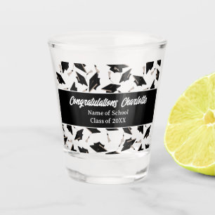 Graduation Black White Caps Personalized Shot Glass