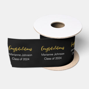Graduation Black White Gold Congratulations Name Satin Ribbon