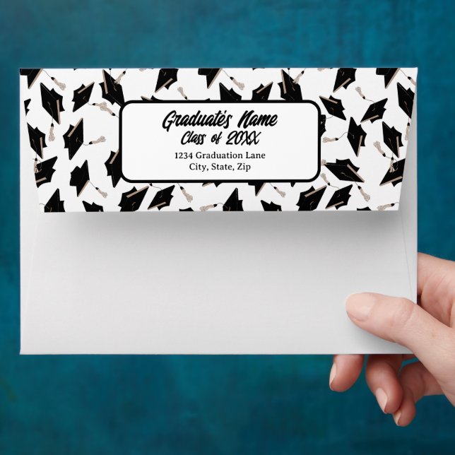 Graduation Black White Mortarboard Return Address Envelope (Hand)