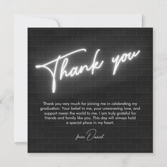 Graduation black&white neon Flat Thank You Card (Front)