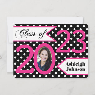 Graduation Black White Pink Polka Dot Photo Invitation