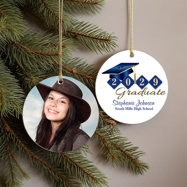Graduation Blue and Gold Classic 20XX Photo Ceramic Ornament (Graduation Blue and Gold Classic 20XX Photo Ceramic Ornament)