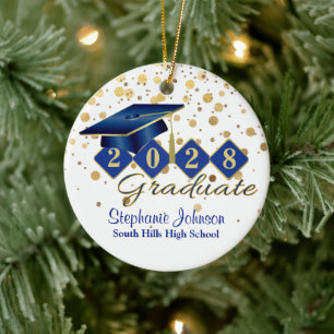 Graduation Blue and Gold Confetti Ceramic Ornament