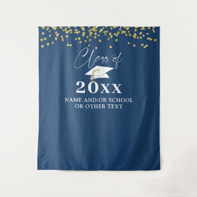 Graduation Blue Gold Class of Photo Backdrop Tapestry (Front)