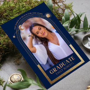 Graduation Blue Gold Sun Moon Stars Grad Photo Invitation