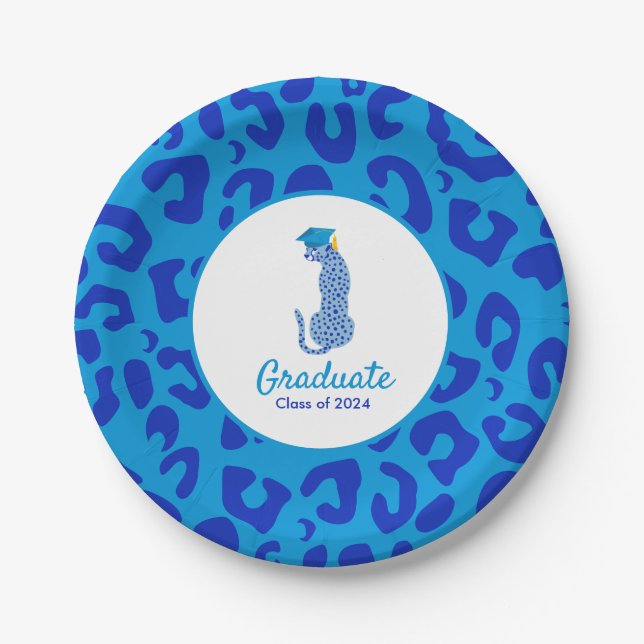 Graduation Blue Leopard Paper Plate (Front)