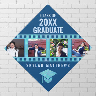 Graduation Blue Opal Cool Film 4 Photo Collage Cap Topper
