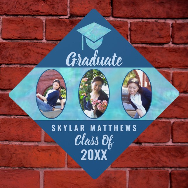 Graduation Blue Opal Girly Oval 3 Photo Collage Graduation Cap Topper (Creator Uploaded)