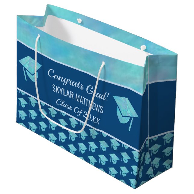 Graduation Blue Opal Pattern Trendy Congrats Large Gift Bag (Front Angled)