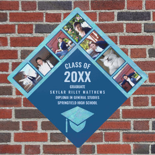 Graduation Blue Opal Trendy Modern 7 Photo Cap Topper