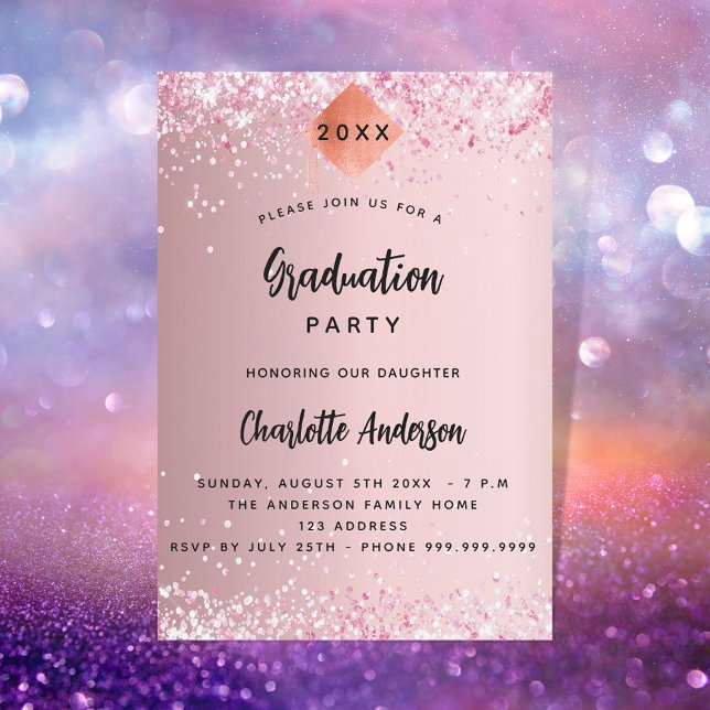 Graduation blush pink glitter girl invitation postcard (Creator Uploaded)