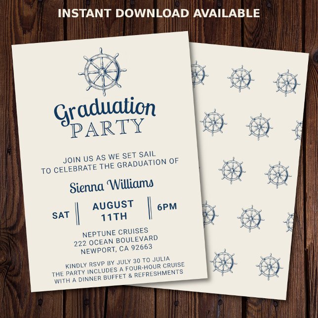 Graduation Boat Party Ship's Wheel Nautical Invitation (Nautical graduation party invitation. Perfect for a boat party or cruise. )