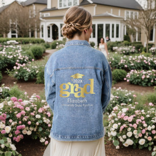 Graduation Bold Gold Foil Typography Cap Monogram Denim Jacket