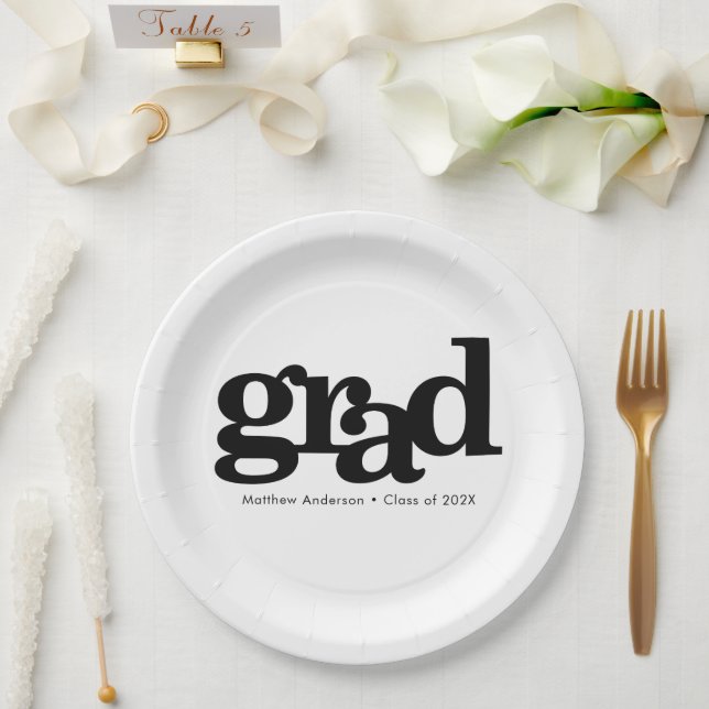 Graduation bold modern typography black and white paper plate (Wedding)