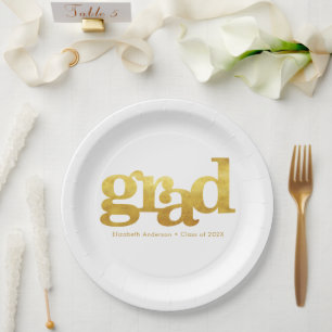 Graduation bold white gold foil typography modern paper plate