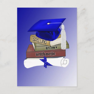 Graduation Books Cap and Diploma, Blue Announcement Postcard