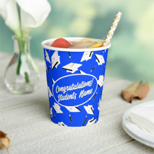 Graduation Bright Blue and White Caps Personalized Paper Cups