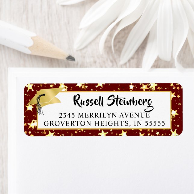 Graduation Brush Script Red Gold Stars Label (Insitu)