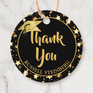 Graduation Brush Script THANK YOU Black Gold Stars Favour Tags