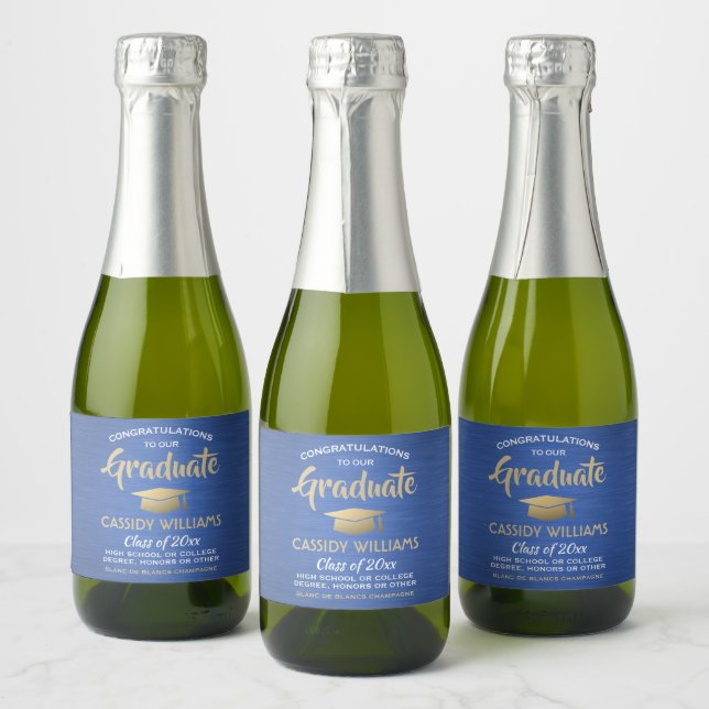 Graduation Brushed Blue Gold and White Mini Split Sparkling Wine Label (Bottles)