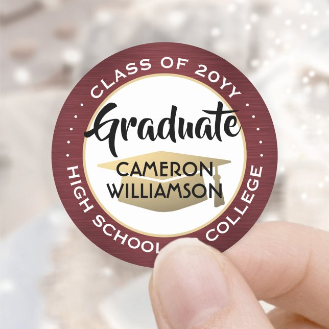 Graduation Brushed Burgundy, White & Gold Elegant Classic Round Sticker (Creator Uploaded)