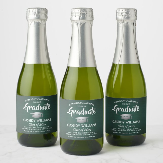Graduation Brushed Dark Green and White Mini Split Sparkling Wine Label (Bottles)