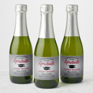 Graduation Brushed Grey Red and Black Mini Split Sparkling Wine Label